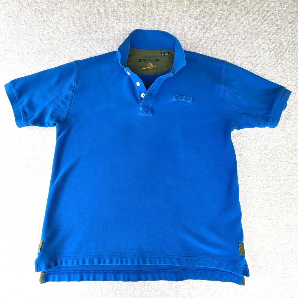 Orvis Signature Polo Shirt Blue & Green Mens M Heavyweight Short Sleeve Cotton